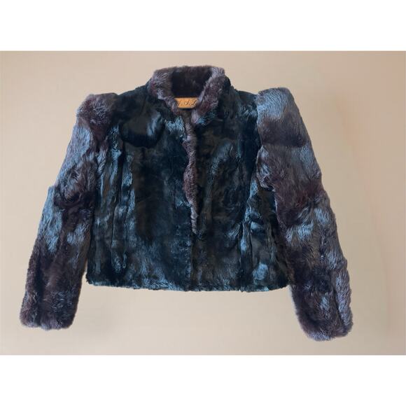 Ultra MCM Glam Rabbit Fur Coat Jacket Black & Brown Sheared Cropped Puff Sleeve - Picture 3 of 16